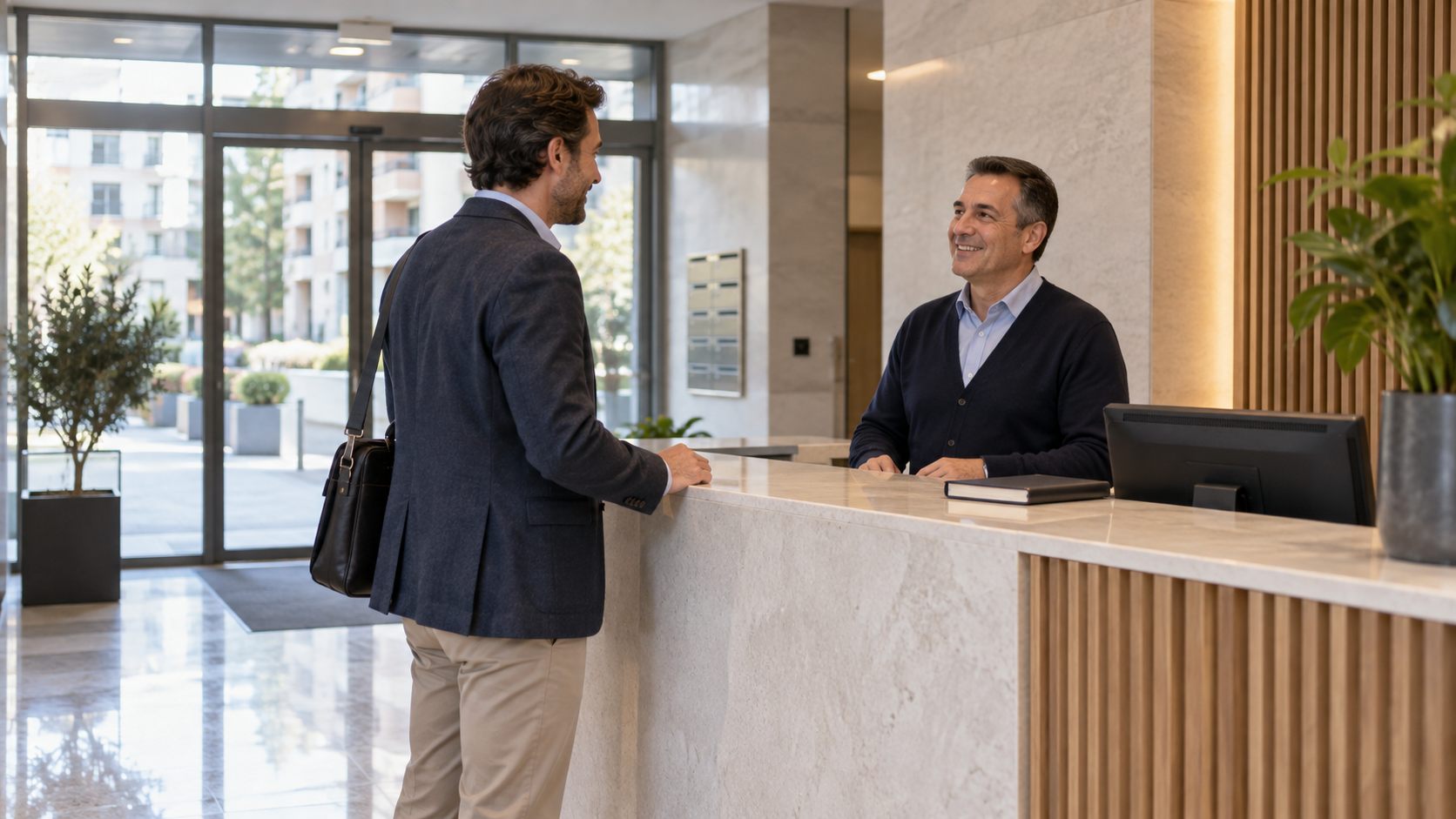 Conserje atendiendo a una visita en recepción